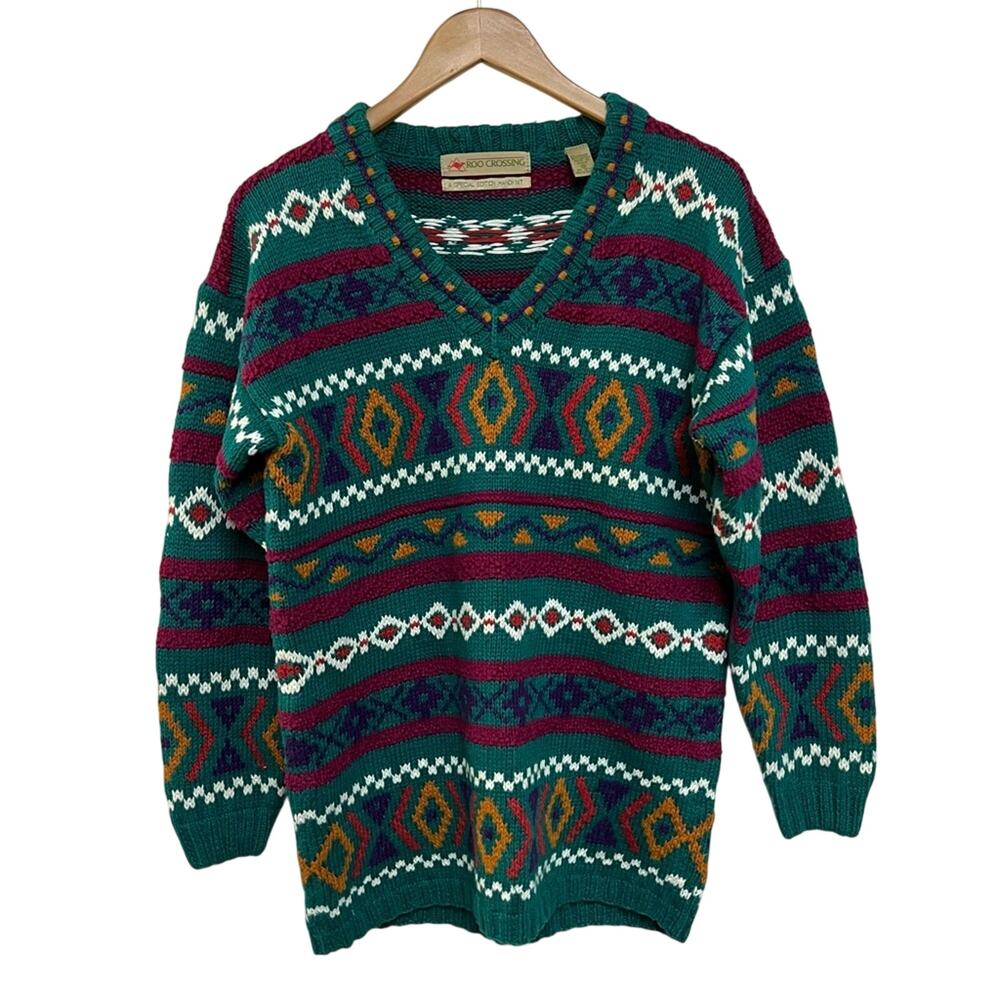 Handknit Vintage Roo Crossing Sweater Teal Pink Tribal Print V-Neck Size Small